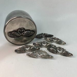 6 Metzke Pewter Kissing Swans Napkin Rings in Tin